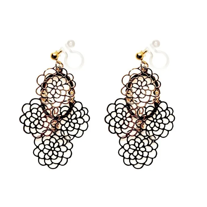 Dangle Large Flower Filigree Invisible Clip On Earrings