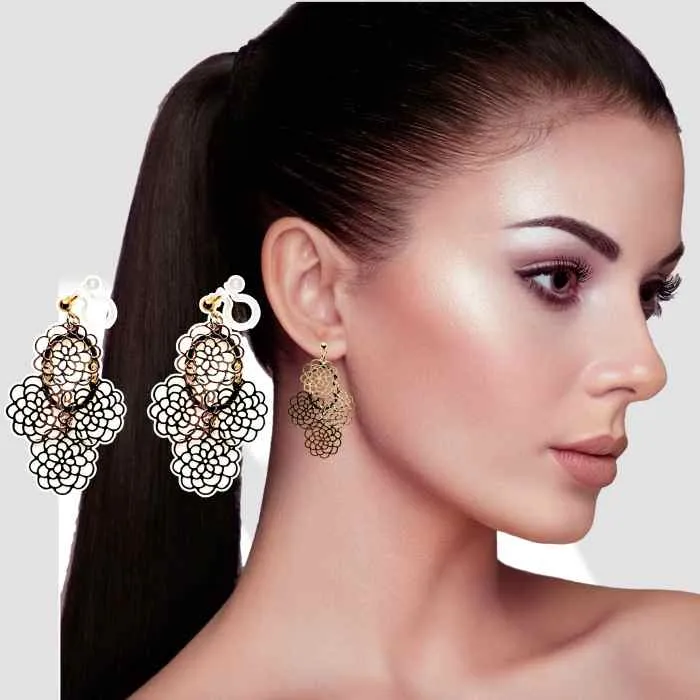 Dangle Large Flower Filigree Invisible Clip On Earrings