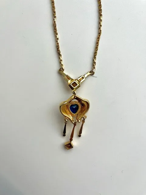 Delicate French Blue Glass Heart Pendant Necklace
