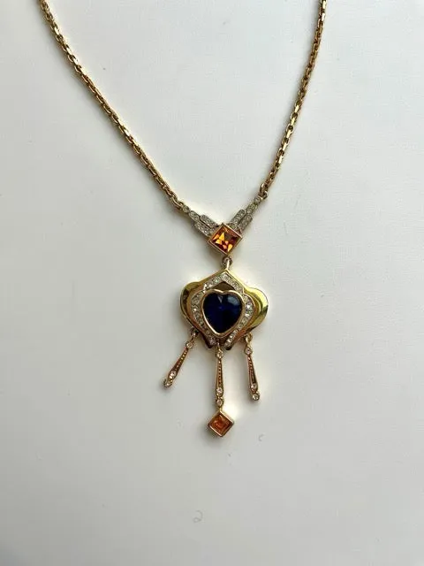 Delicate French Blue Glass Heart Pendant Necklace