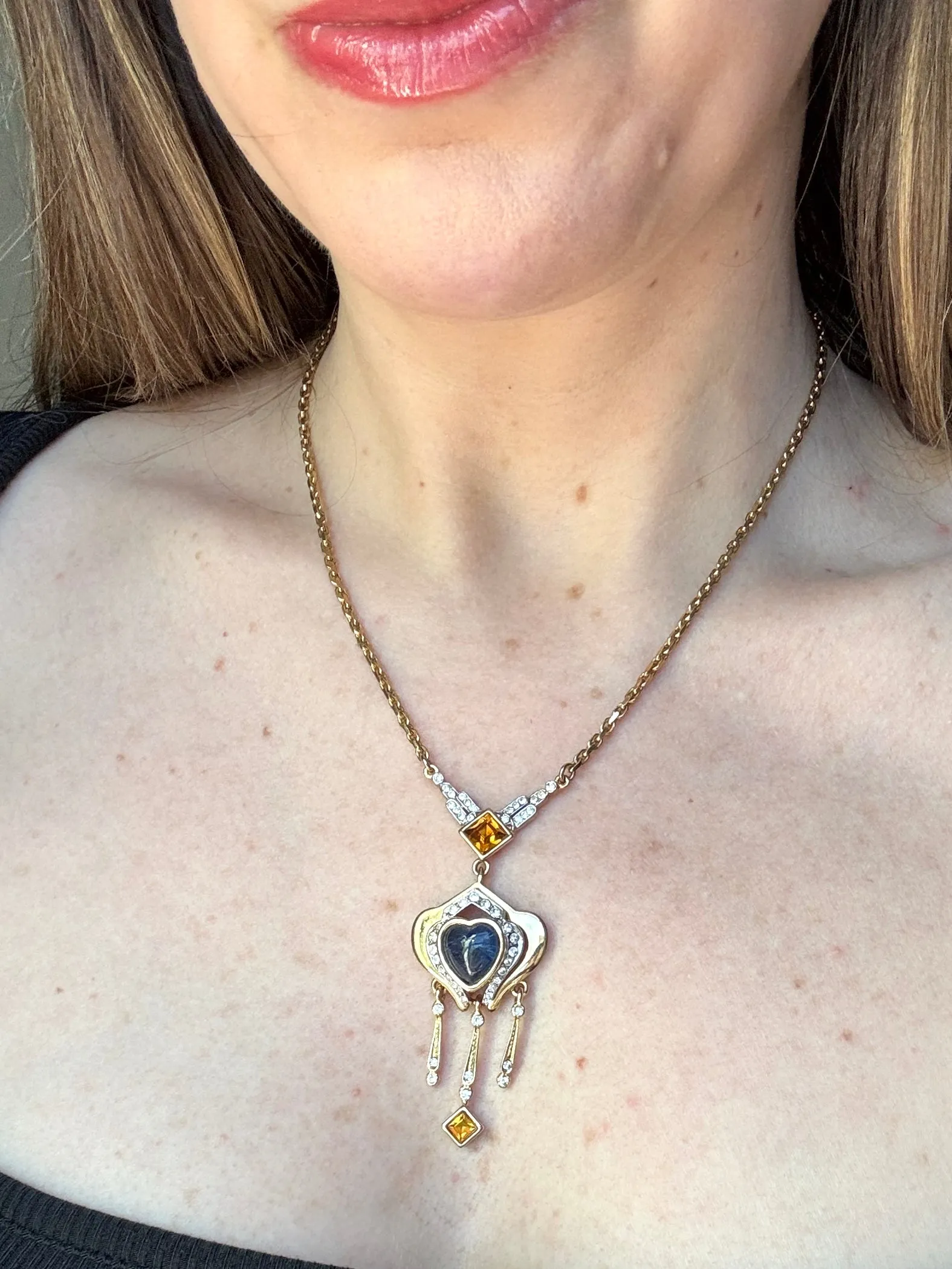Delicate French Blue Glass Heart Pendant Necklace