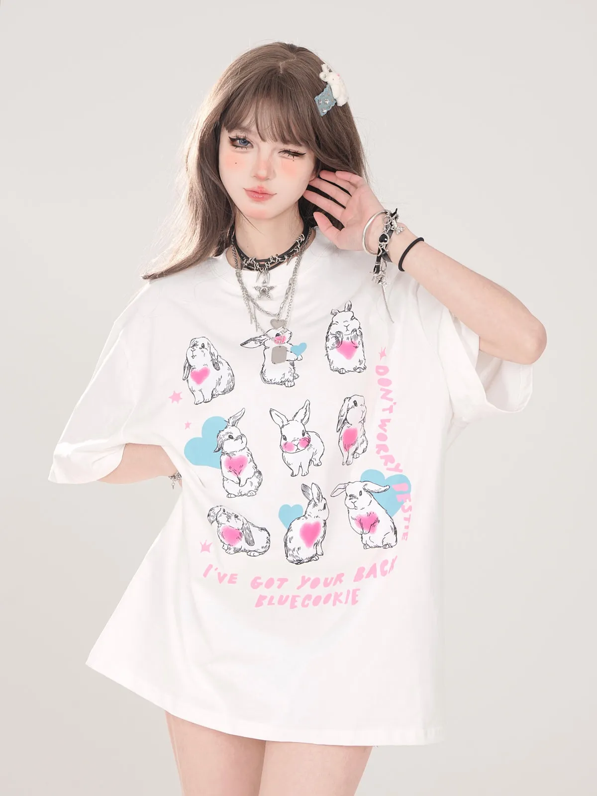 Design Illustration T-Shirt Cute Artistic Loose Rabbit