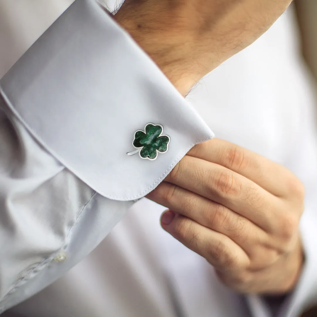 Four Leaf Clover Green Onyx Sterling Cufflinks