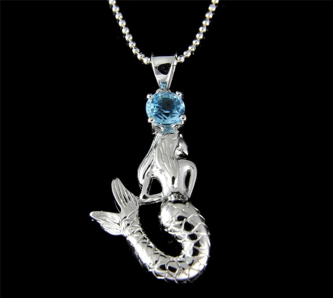 GENUINE BLUE TOPAZ 925 SILVER HAWAIIAN MERMAID PENDANT HOOK EARRINGS SET RHODIUM (MJ-10)