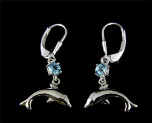 GENUINE BLUE TOPAZ SILVER 925 HAWAIIAN DOLPHIN DANGLE LEVERBACK EARRINGS RHODIUM (DJ-46)