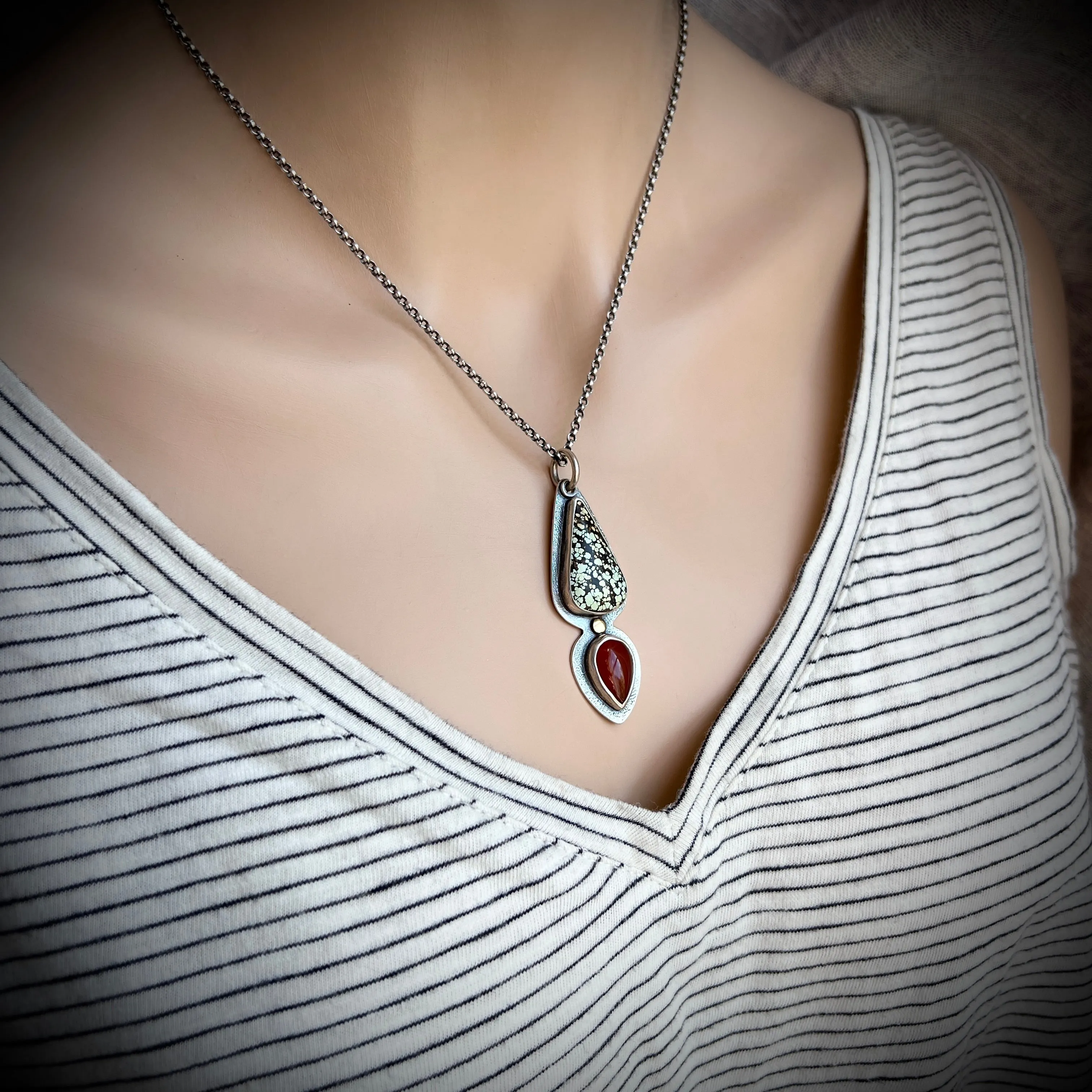 Genuine Turquoise and Carnelian Sterling Silver Necklace | One-of-a-kind Teardrop Pendant (#2)