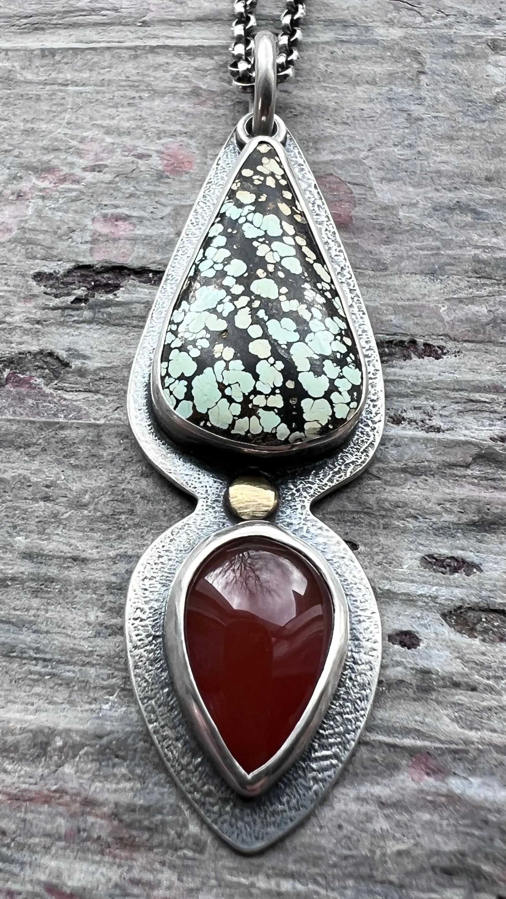 Genuine Turquoise and Carnelian Sterling Silver Necklace | One-of-a-kind Teardrop Pendant (#2)