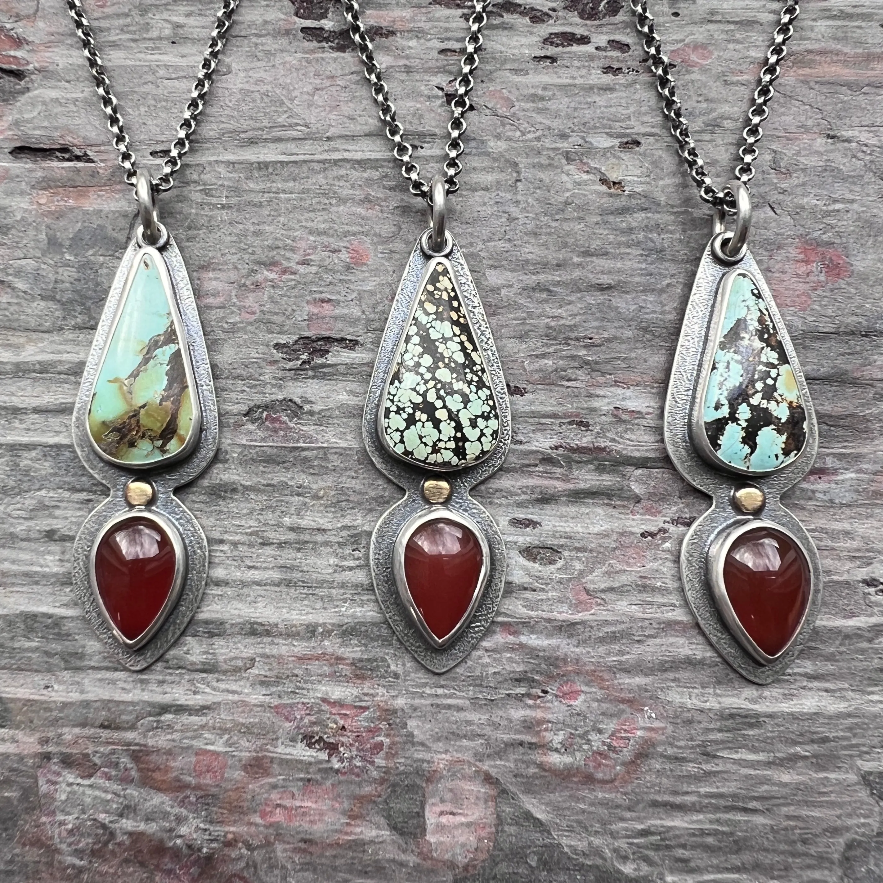 Genuine Turquoise and Carnelian Sterling Silver Necklace | One-of-a-kind Teardrop Pendant (#2)