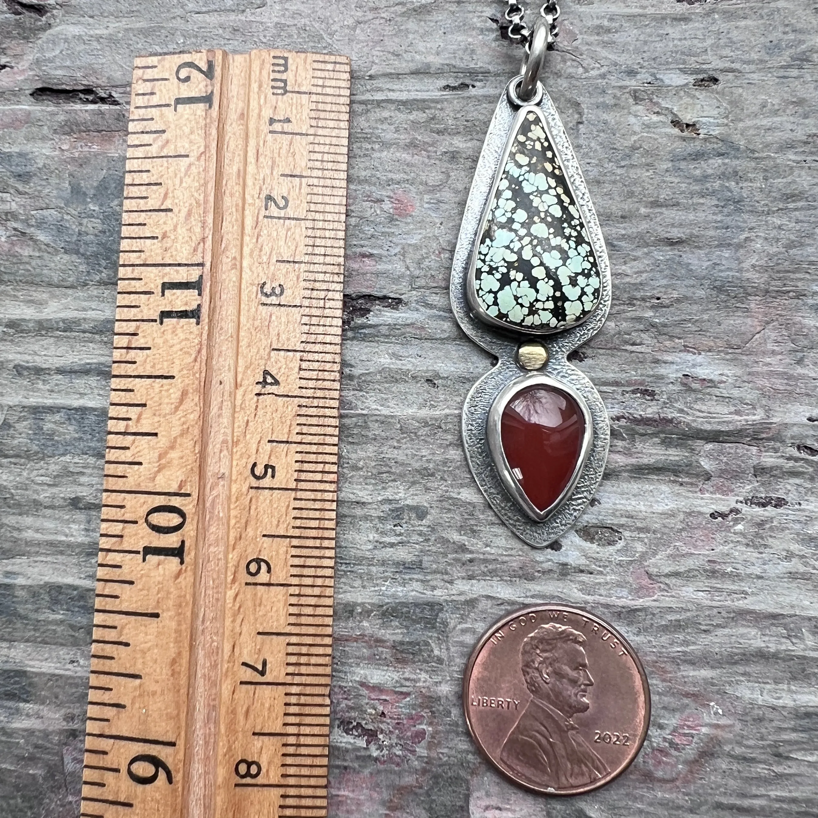 Genuine Turquoise and Carnelian Sterling Silver Necklace | One-of-a-kind Teardrop Pendant (#2)