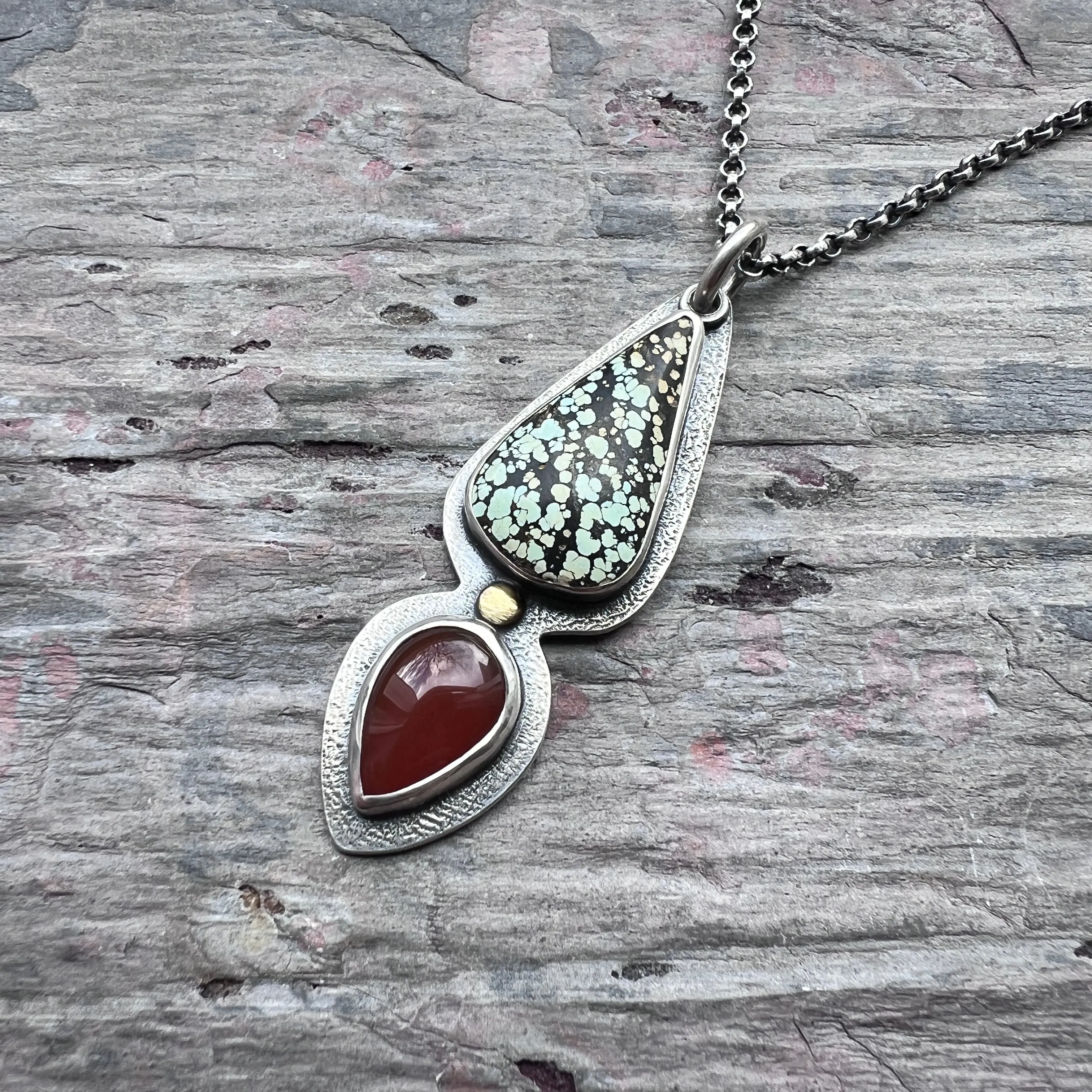 Genuine Turquoise and Carnelian Sterling Silver Necklace | One-of-a-kind Teardrop Pendant (#2)
