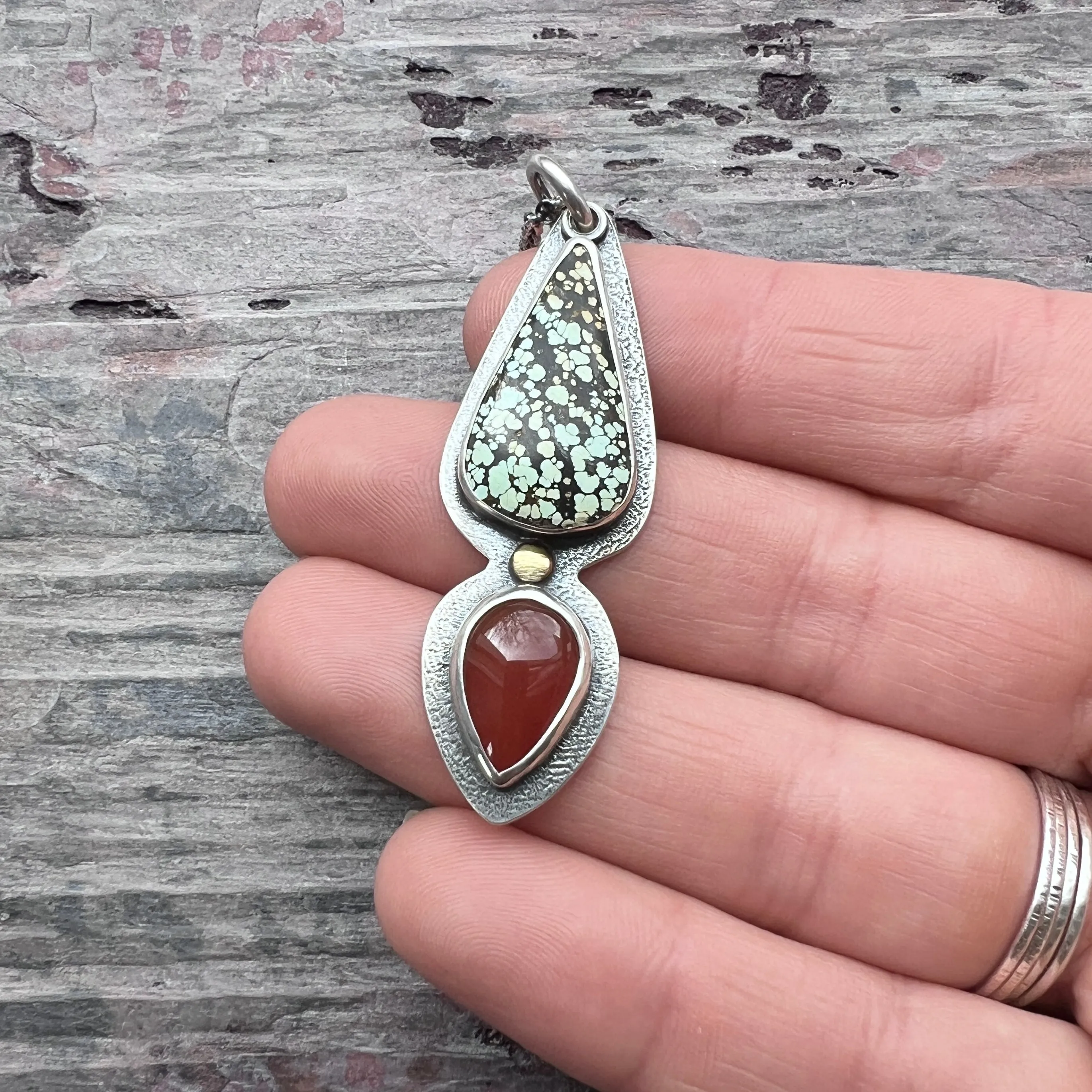 Genuine Turquoise and Carnelian Sterling Silver Necklace | One-of-a-kind Teardrop Pendant (#2)