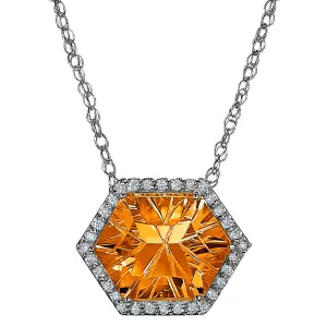 Halo Concave Hexagon Citrine and Diamond Necklace Worn Two Ways