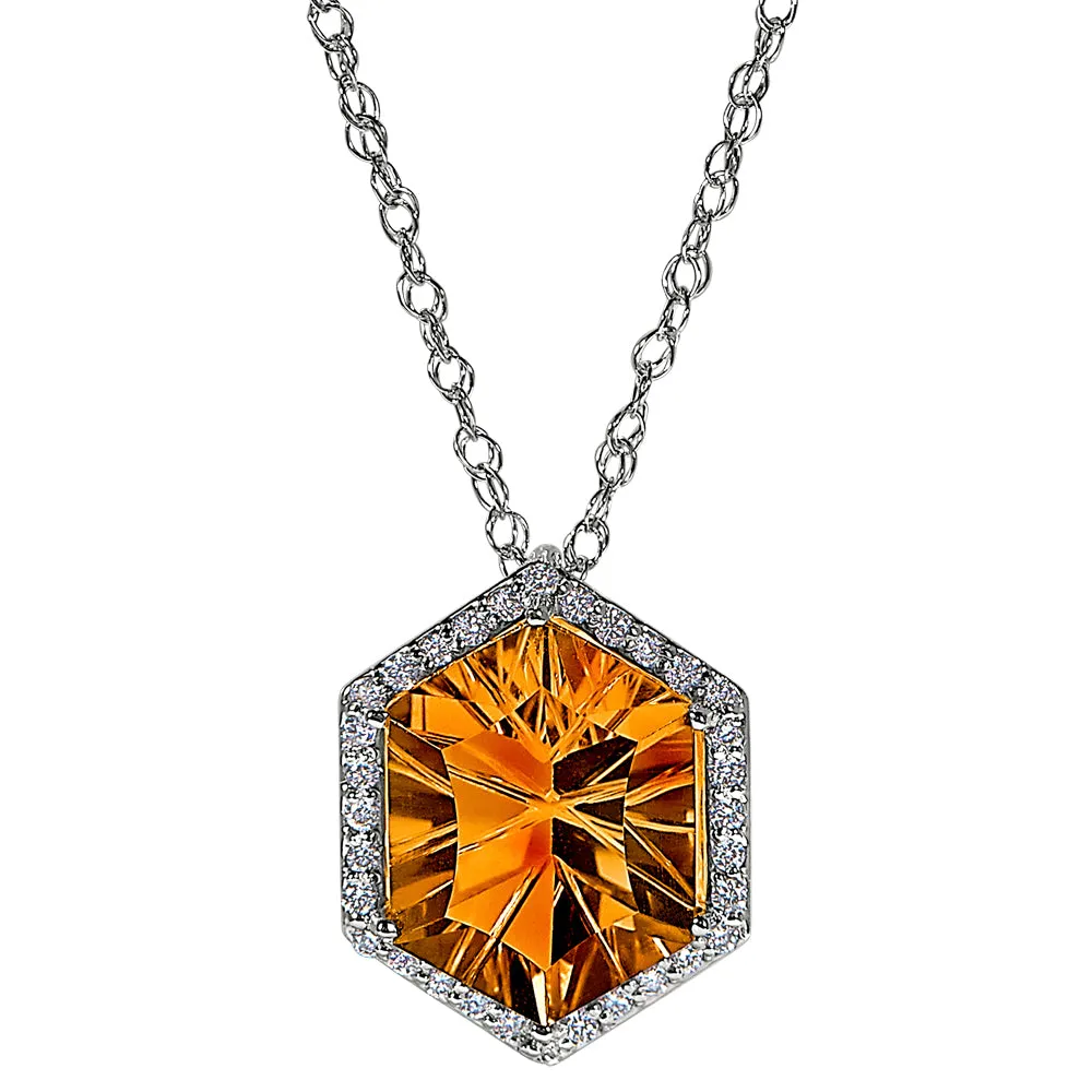 Halo Concave Hexagon Citrine and Diamond Necklace Worn Two Ways