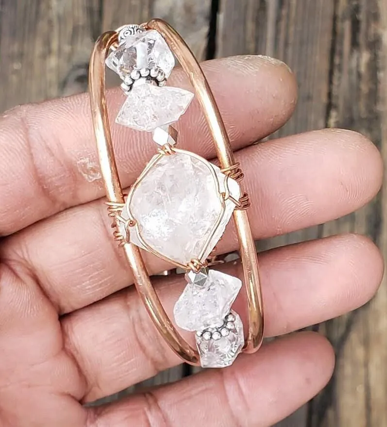 Herkimer Diamond with Herkimer Side Stones Handmade Copper Wirewrapped Bangle Bracelet