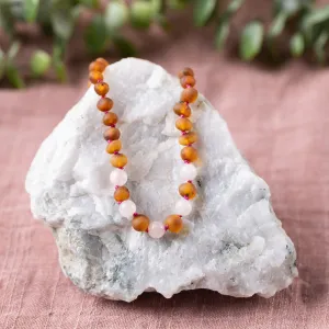 Kids | Rose Quartz   Raw Cognac Amber Necklace