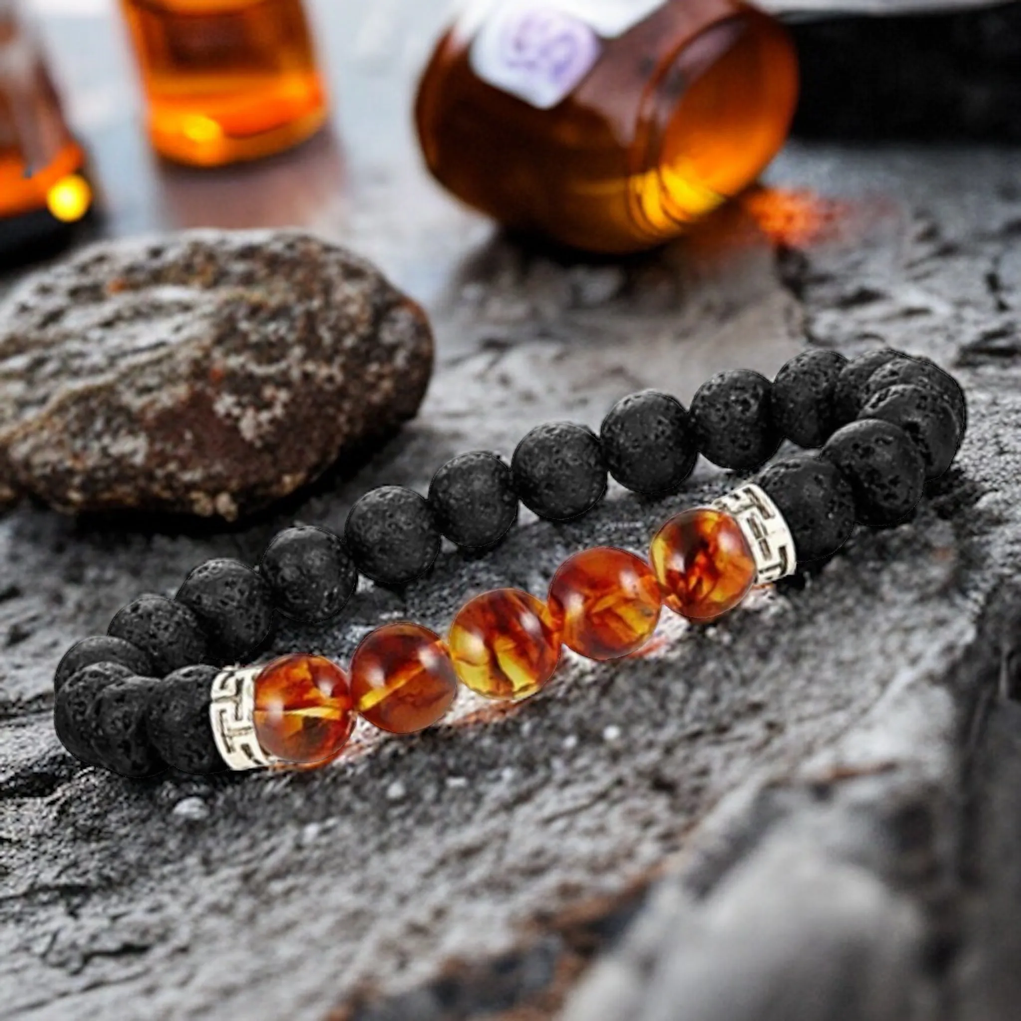 Lava Stone•Black Lava Rock & Amber Aromatherapy Custom Size Round Stretch (8mm) Natural Gemstone Crystal Energy Bead Bracelet