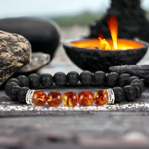 Lava Stone•Black Lava Rock & Amber Aromatherapy Custom Size Round Stretch (8mm) Natural Gemstone Crystal Energy Bead Bracelet
