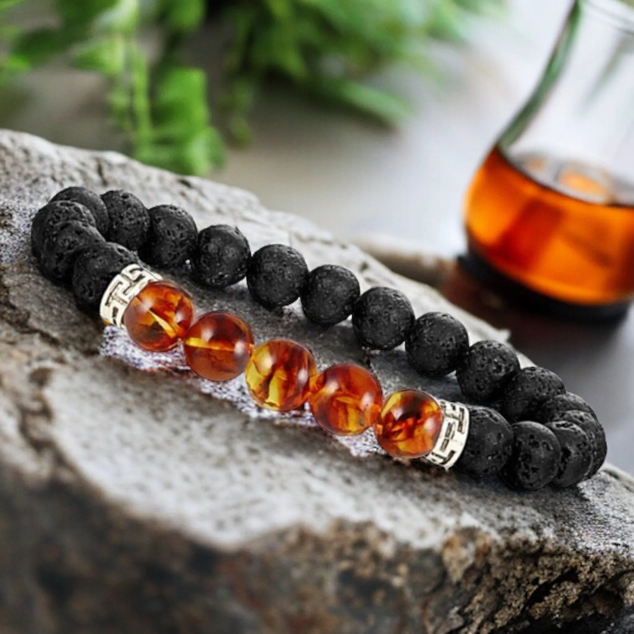 Lava Stone•Black Lava Rock & Amber Aromatherapy Custom Size Round Stretch (8mm) Natural Gemstone Crystal Energy Bead Bracelet