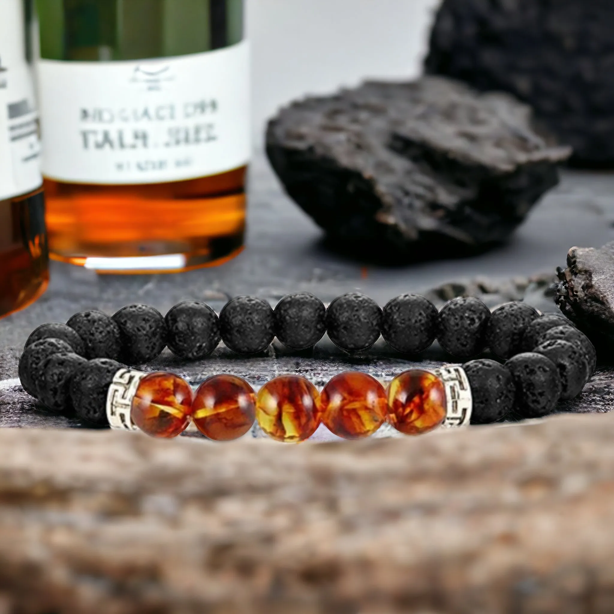 Lava Stone•Black Lava Rock & Amber Aromatherapy Custom Size Round Stretch (8mm) Natural Gemstone Crystal Energy Bead Bracelet
