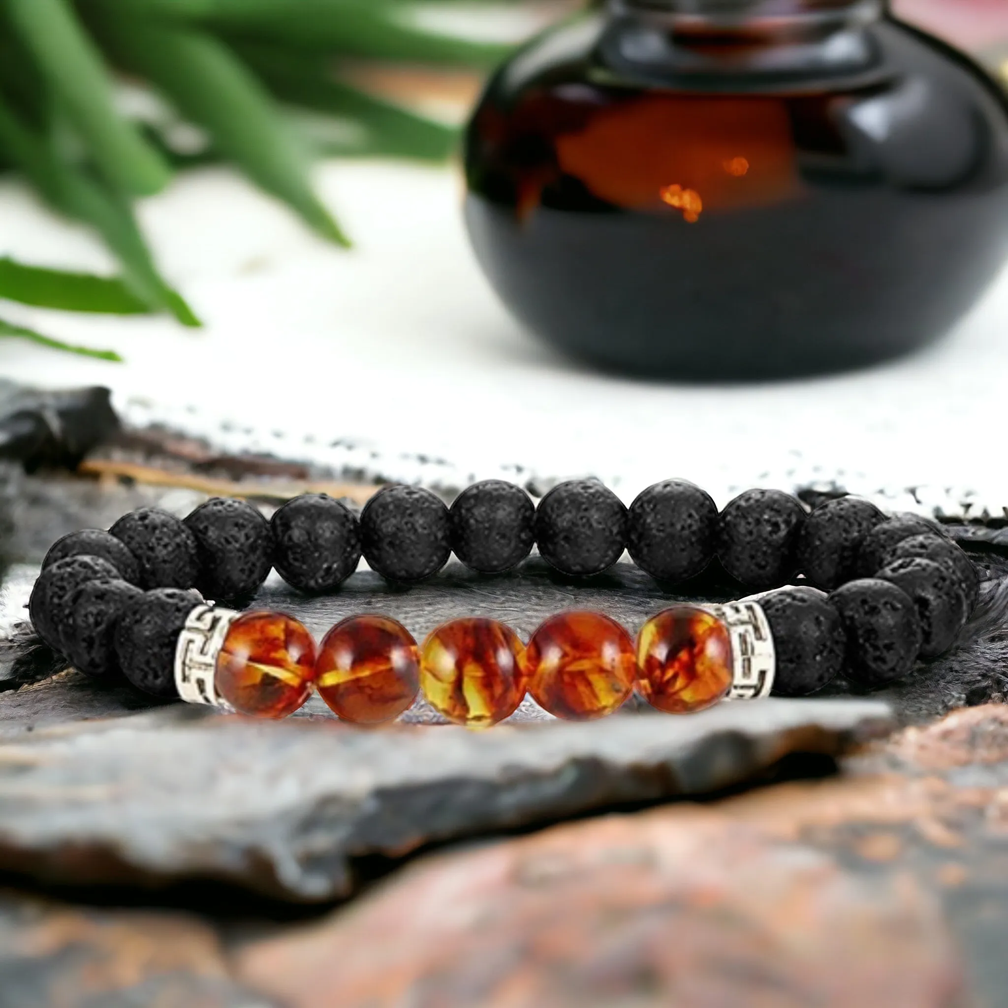 Lava Stone•Black Lava Rock & Amber Aromatherapy Custom Size Round Stretch (8mm) Natural Gemstone Crystal Energy Bead Bracelet