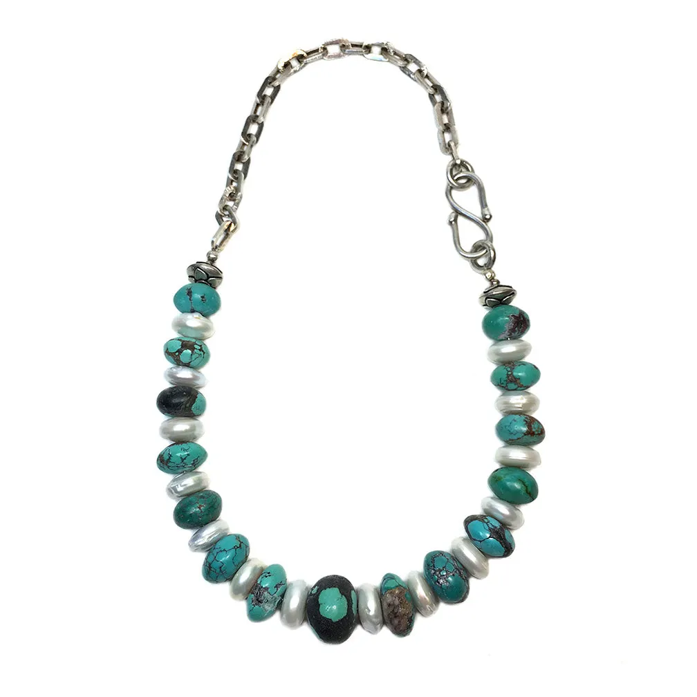 Leather-polished Turquoise & Freshwater Pearl Necklace & Earrings Set