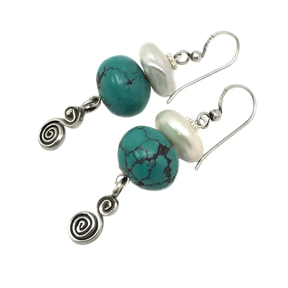 Leather-polished Turquoise & Freshwater Pearl Necklace & Earrings Set
