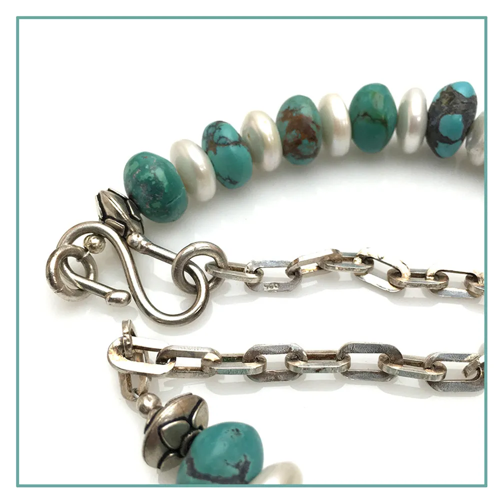 Leather-polished Turquoise & Freshwater Pearl Necklace & Earrings Set