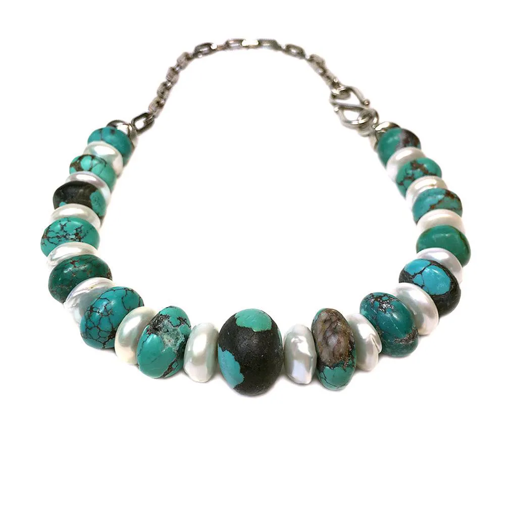 Leather-polished Turquoise & Freshwater Pearl Necklace & Earrings Set