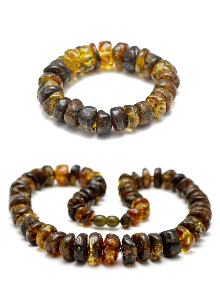 Luxurious GREEN AMBER BEAD NECKLACE & BRACELET SET