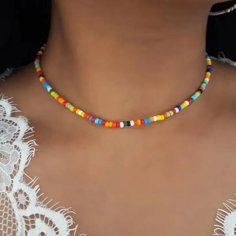 N1102 Multi Color Seed Bead Choker Necklace with FREE Earrings