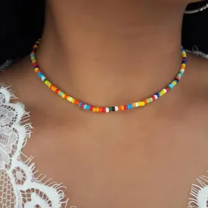 N1102 Multi Color Seed Bead Choker Necklace with FREE Earrings
