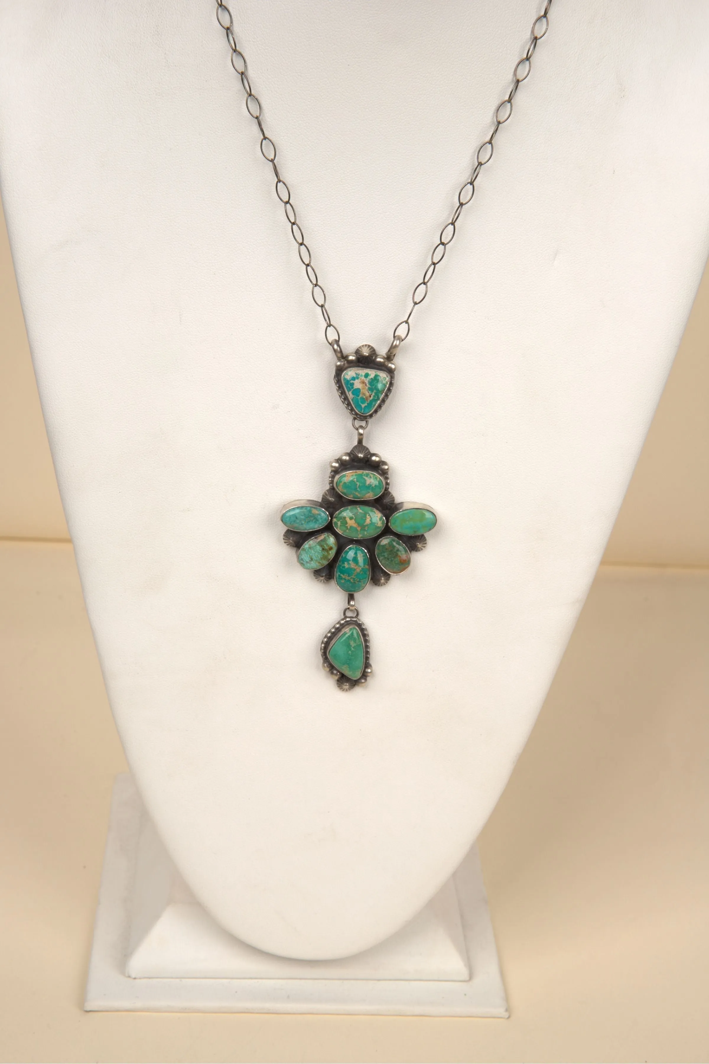 Navajo Handmade Royston Cluster with Drop Turquoise  Necklace