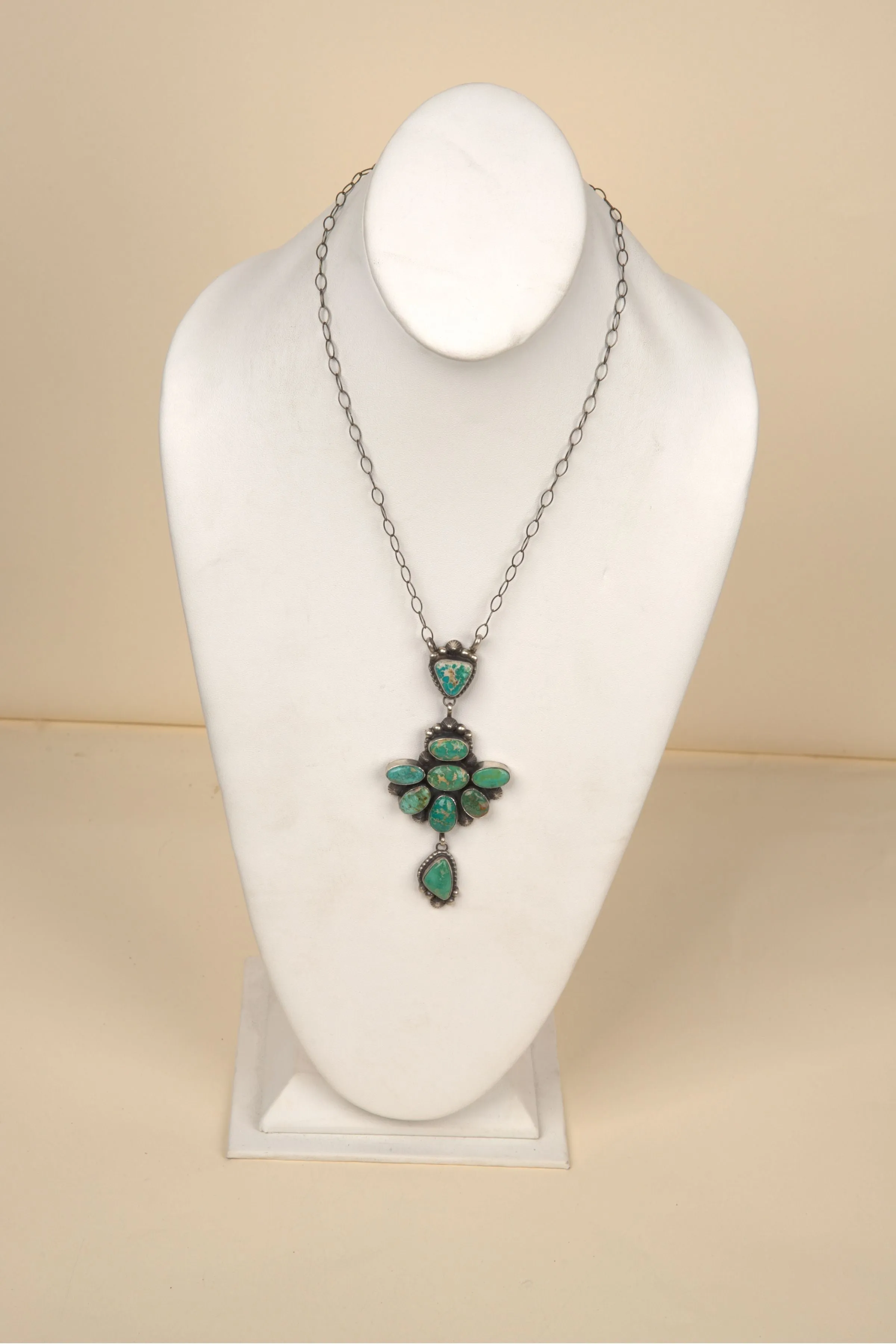 Navajo Handmade Royston Cluster with Drop Turquoise  Necklace