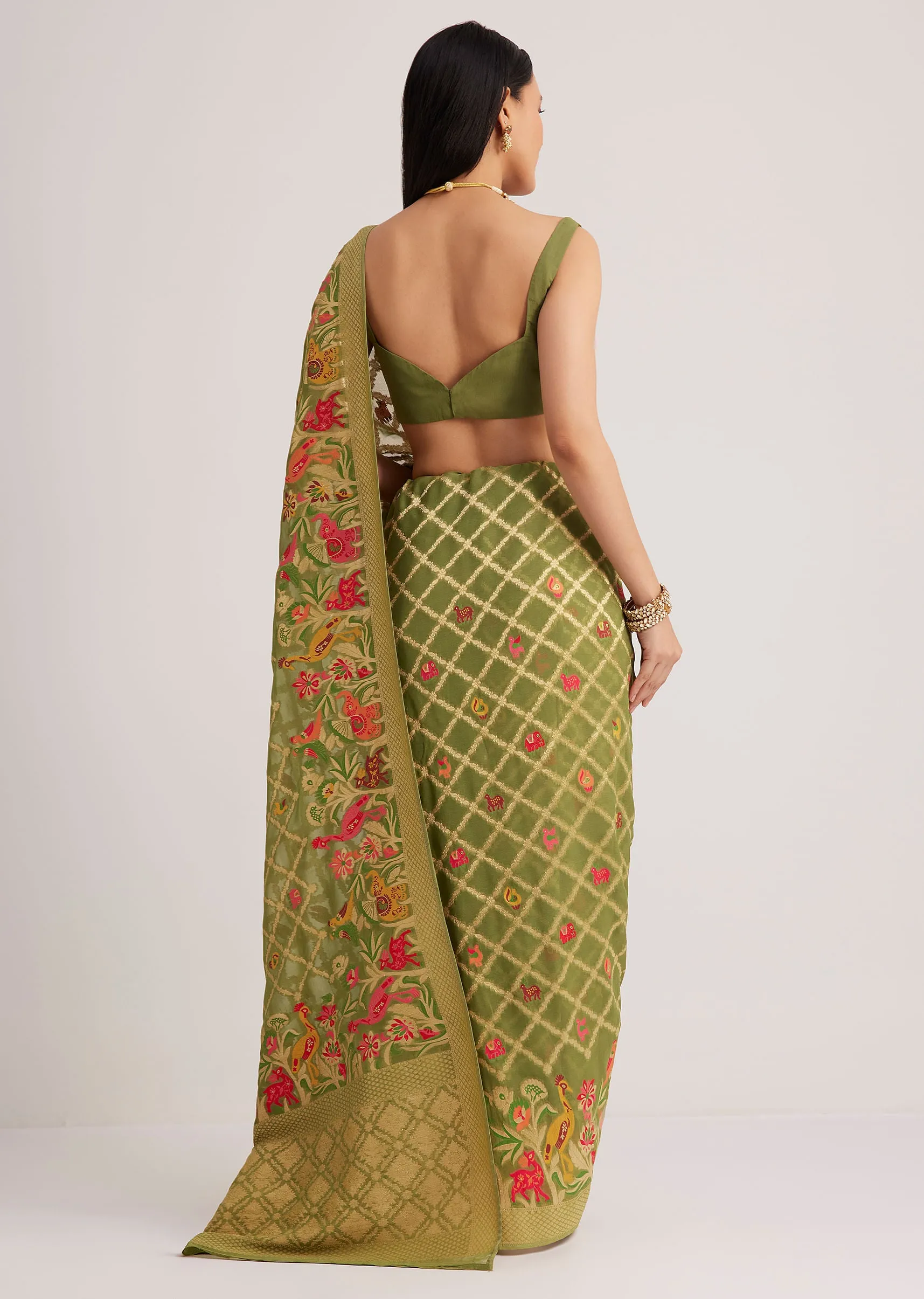 Olive Green Khaddi Georgette Jaal Work Saree With Animal Bird Motifs