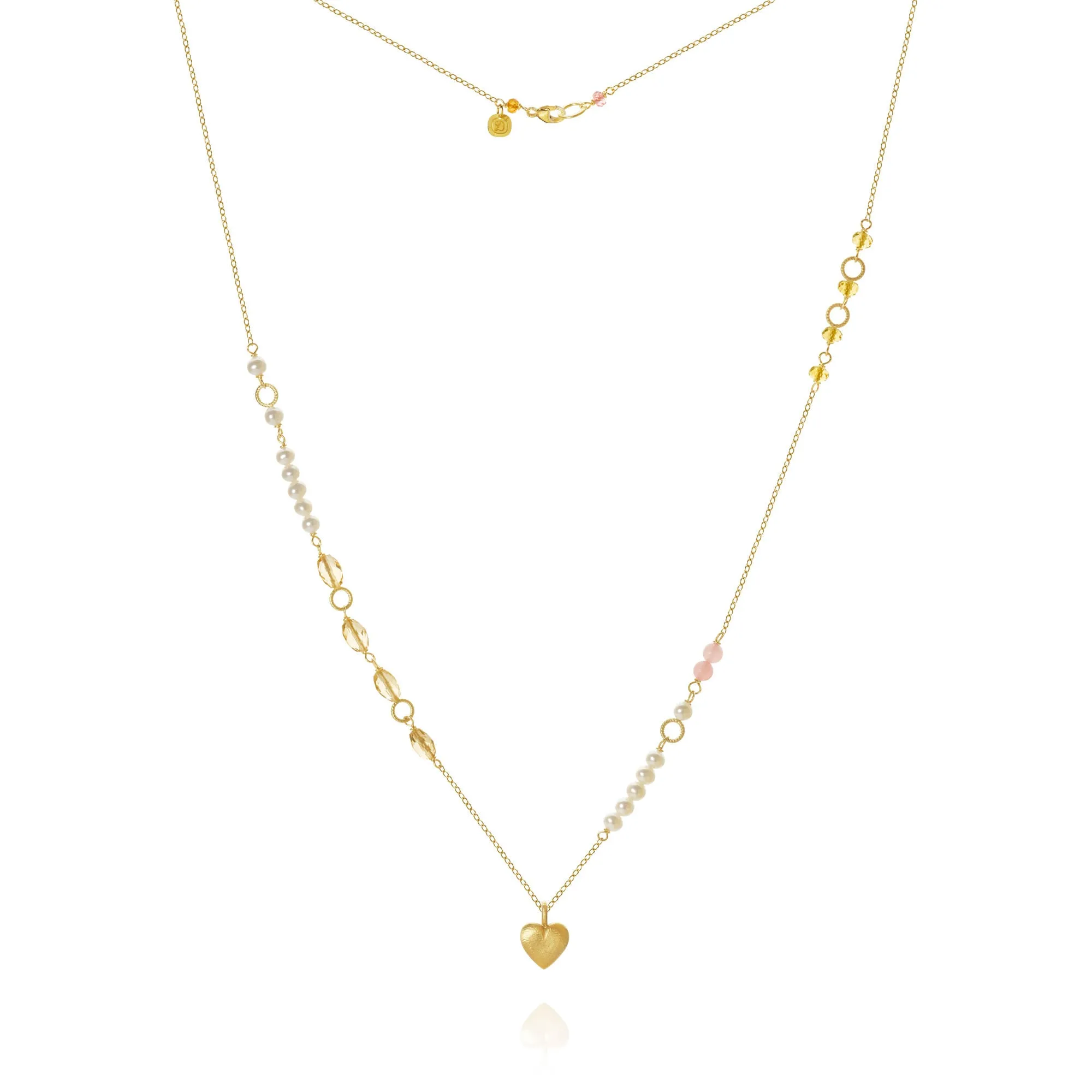 Piccolo Mellow Heart 18K Gold Necklace, 62 cm w. Pearl, Quartz & Sapphire
