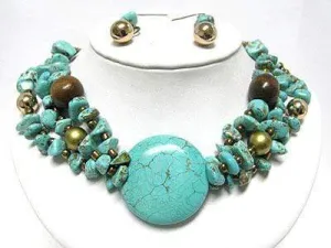 Round Turquoise and Mixed Chip Stone Necklace with Matching Earrings