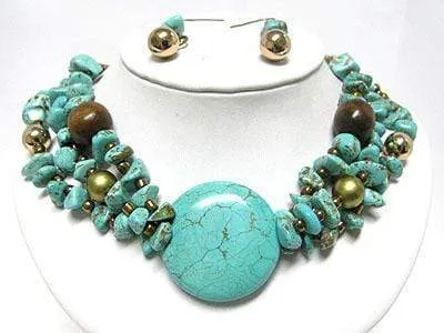 Round Turquoise and Mixed Chip Stone Necklace with Matching Earrings