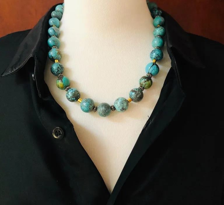 Spiderweb Turquoise Beaded Necklace with 18k Gold and Sterling Silver Accents