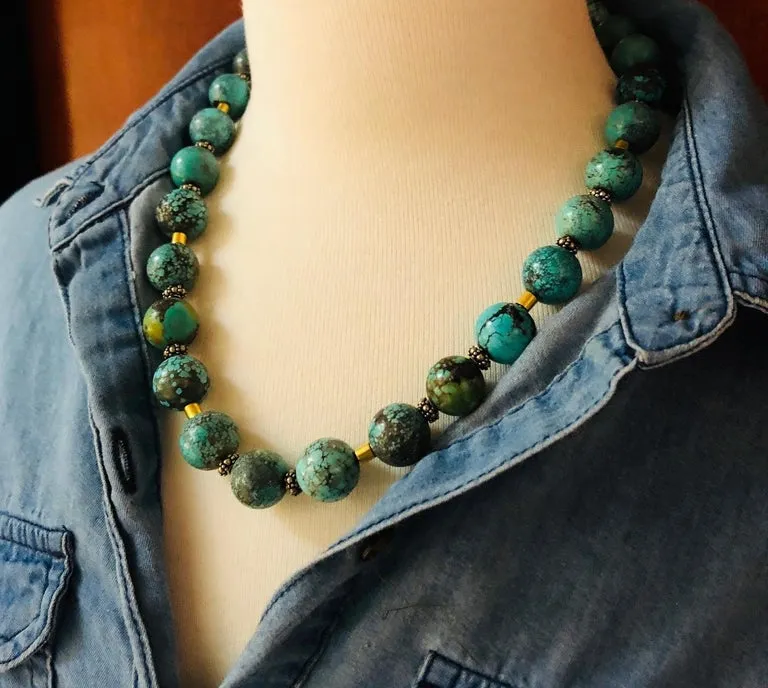 Spiderweb Turquoise Beaded Necklace with 18k Gold and Sterling Silver Accents