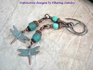 Spring Sky Earrings, Copper Verdigris Dragonflies, Faceted Turquoise