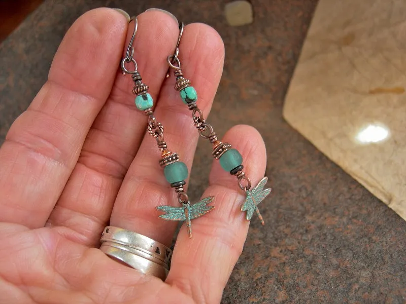 Spring Sky Earrings, Copper Verdigris Dragonflies, Faceted Turquoise