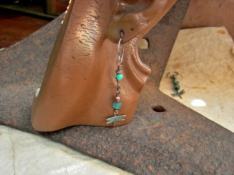 Spring Sky Earrings, Copper Verdigris Dragonflies, Faceted Turquoise