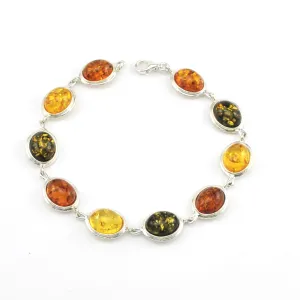 Sterling Silver Multicolored Amber Oval Link Bracelet