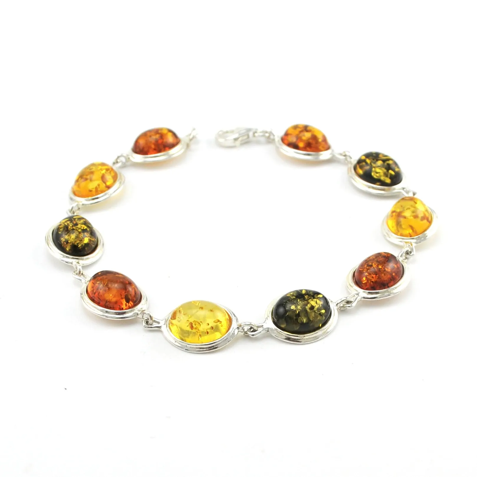 Sterling Silver Multicolored Amber Oval Link Bracelet