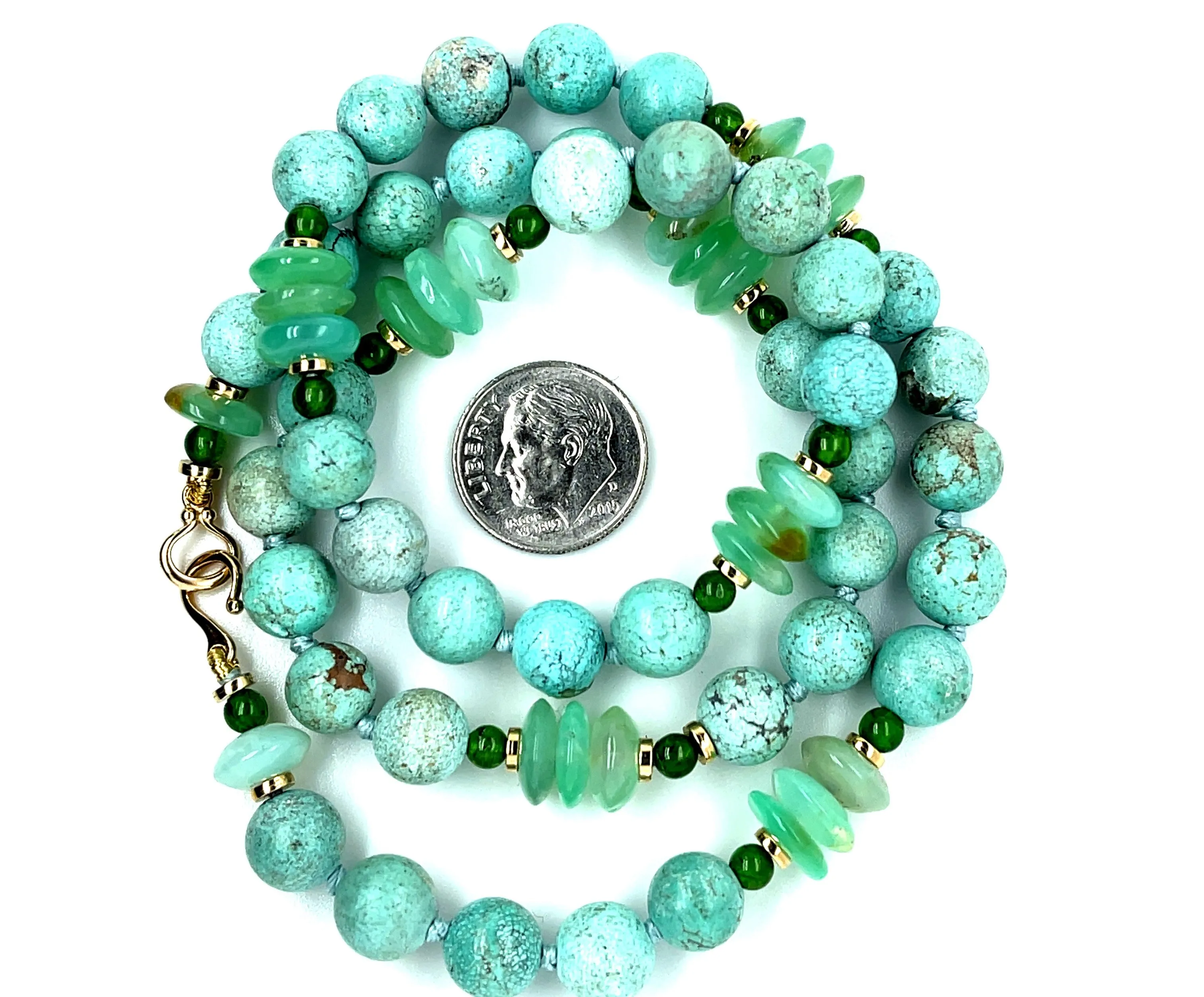 Turquoise, Chrome Diopside and Chrysoprase Necklace, 21 Inches