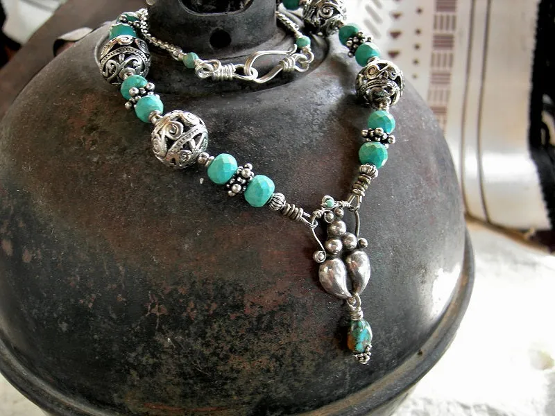 Turquoise Goddess Necklace, Ornate Silver Beads, Faceted Gemstone