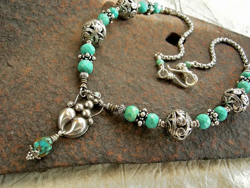 Turquoise Goddess Necklace, Ornate Silver Beads, Faceted Gemstone