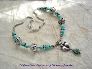 Turquoise Goddess Necklace, Ornate Silver Beads, Faceted Gemstone