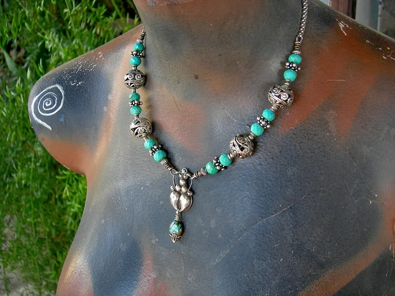Turquoise Goddess Necklace, Ornate Silver Beads, Faceted Gemstone