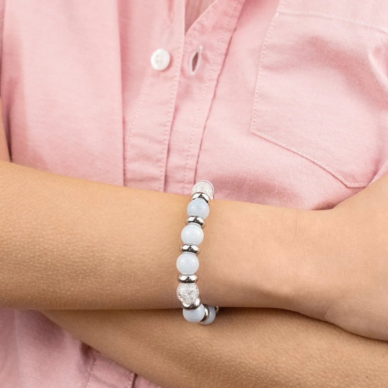Women's Calming Wisdom Beaded Bracelet with Aquamarine, Quartz Clear and Silver Steel